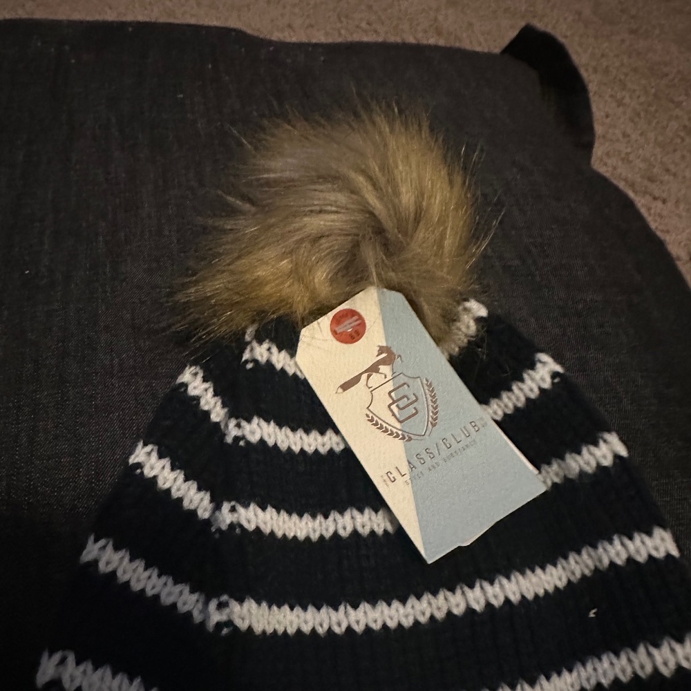 Navy Blue and White Stripe Knit Toddler Hat with Fur tassel.  New with tags.